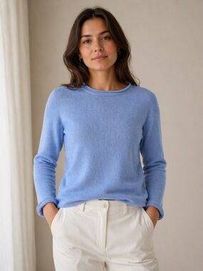 Aqua Cashmere Sweater with Rolled Hems